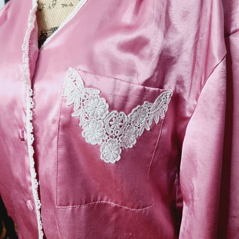 Vintage 90s Barbiecore Pink Lace Trim Sateen Pajama Top - Picture 2 of 16